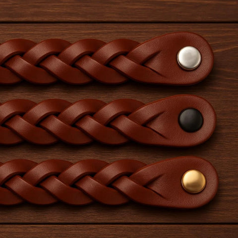 Braided Leather Drawer Pulls In Cognac Finish, 2 Pack, Measures 7-7/8 Inches Long By 1 Inch Wide, shown on wooden surface