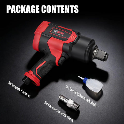Professional 1 Inch Air Impact Wrench Equipped With A Heavy Duty Twin Hammer System, air impact hammer with oil bottle and quick-connect fitting.