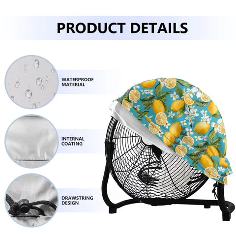 Heavy Duty Weatherproof Fan Cover Fits 24 Inch Outdoor Pedestal Wall Mount Industrial Fans Solid Cloth Guard covering an electric fan with a lemon design.