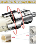 Dual internal and external threader creating precise threads on PVC pipe for plumbing projects in the 3 Piece PVC Pipe Threading Tool Kit.