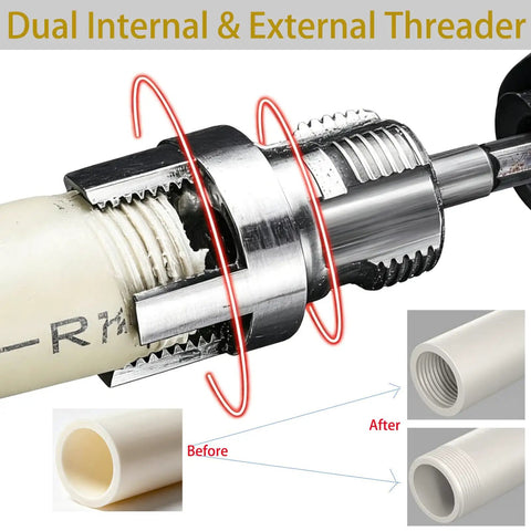 Dual internal and external threader creating precise threads on PVC pipe for plumbing projects in the 3 Piece PVC Pipe Threading Tool Kit.