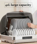 Savage Clean 42L Portable Desktop Tableware Sanitizer Cabinet With Four Speed UV Drying And Hot Air Cycle For Kitchen Countertop Keeps Dishes Crisp No Cap, showing plates and utensils inside.