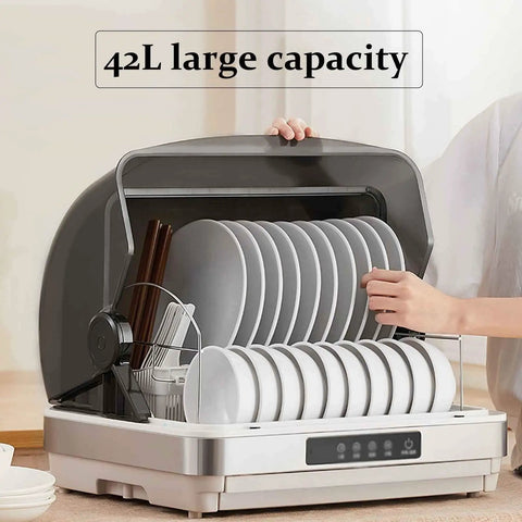 Savage Clean 42L Portable Desktop Tableware Sanitizer Cabinet With Four Speed UV Drying And Hot Air Cycle For Kitchen Countertop Keeps Dishes Crisp No Cap, showing plates and utensils inside.