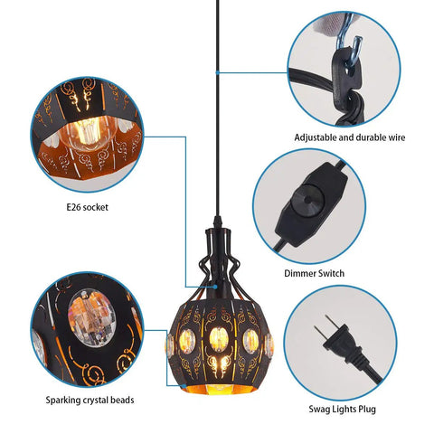 Plug In Pendant Lighting Swag Lamp In Black Iron With Adjustable Cord Vintage Rustic Hanging Ceiling Fixture Dimmable