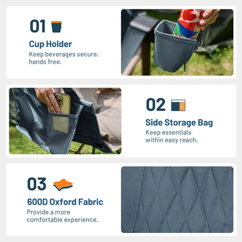 Heavy Duty Folding Hammock Chair With Adjustable Backrest And Padded Seat For Cozy Outdoor Comfort Supports Up To 300 Lbs Portable Folding Camping Chair For Travel Patio Or Beach Blue features cup holder, side storage bag, and durable 600D Oxford fabric.