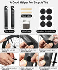 Bike Tire Repair Kit For Flat Tires With Portable Pump 120 PSI, 16 In 1 Multitool With Patch Kit And Levers, Plus Triangle Frame Bag And Metal Rasp For MTB BMX Ride Ready, showing tire levers, metal rasp, and glueless patches in use