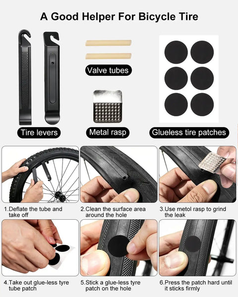Bike Tire Repair Kit For Flat Tires With Portable Pump 120 PSI, 16 In 1 Multitool With Patch Kit And Levers, Plus Triangle Frame Bag And Metal Rasp For MTB BMX Ride Ready, showing tire levers, metal rasp, and glueless patches in use