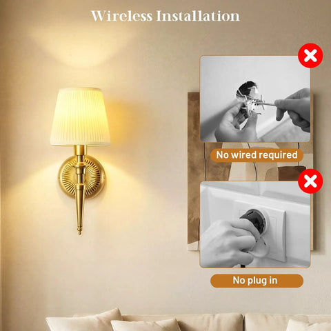 Game Changing Battery Powered Wall Sconces Set Of Two With Smooth Wireless Recharging And 12 RGB Colors Plus 3CCT Dimmable Levels For Ultimate Chill Bedroom Vibes Or Slick Living Room Decor Accents showcasing gold wall sconce with wireless installation.