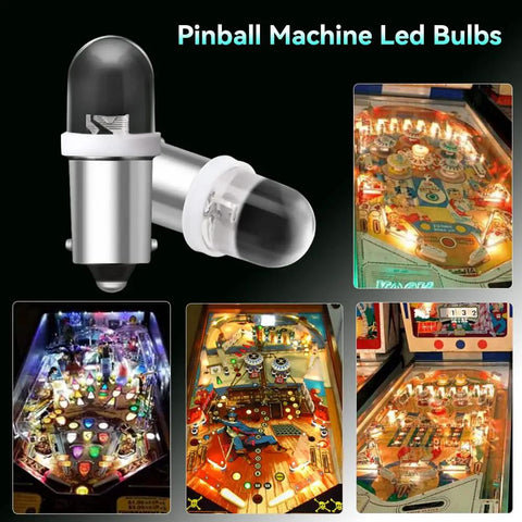 Pack Of 20 Pinball Led Bulbs With BA9S Base 755 44 47, DC 6V And 6.3V, Warm White 3500K Soft Glow No Shadow, Low Power 0.03A, 70 Lumens, Great Replacement For Arcade Cabinets And Pinball Machines, shown with pinball machine lighting