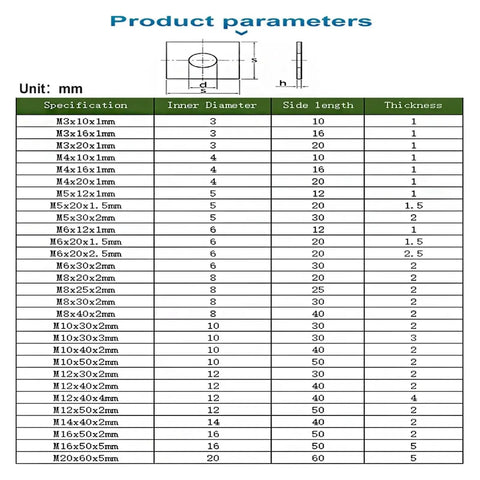 304 Stainless Steel Square Flat Washers Set M3 To M20 For Fasteners And Curtain Wall Installations, Heavy-Duty, Corrosion-Resistant Hardware, Durable Multi Size Pack Includes 20 Pieces Of M4x10x1mm. size chart for square flat washers