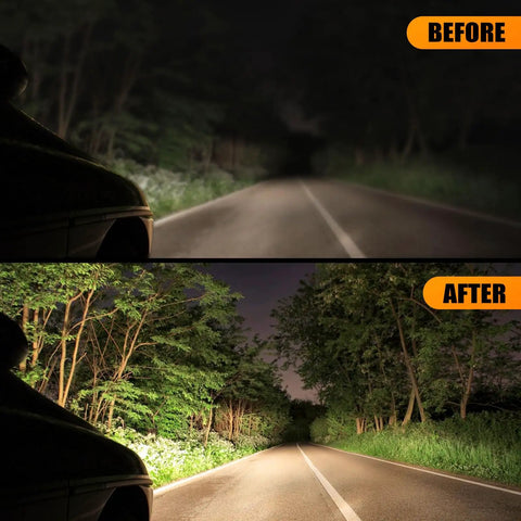 Headlight Restoration Kit With 3 Easy Steps To Fix Sun Damaged Lights, Before and after comparison of headlight clarity on road