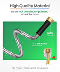 Stainless Steel Garden Hose 3 Ft Connector with brass fittings and anti-slip rubber handle detail on green background.
