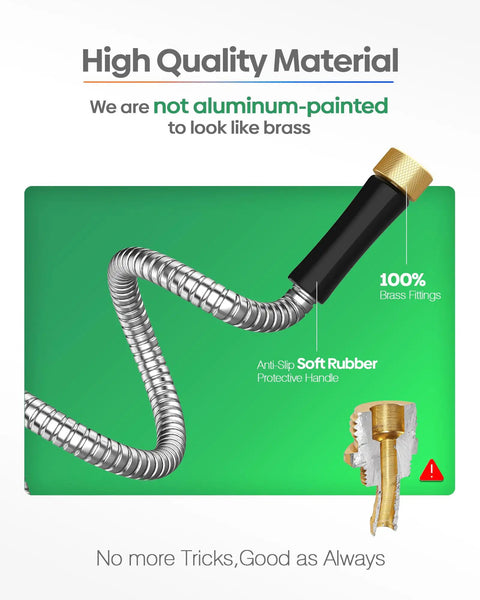 Durable 10 Ft Stainless Steel Garden Hose With No Kink Design Metal Water Hose Extension showing brass fittings and rubber handle.