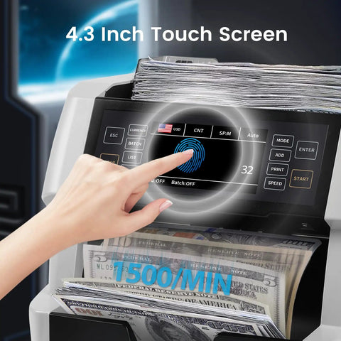 Premium Money Counter Machine For Mixed Denomination Bills, Multi Currency Support For Usd Euro Cad MxN With Advanced CishuvirMGmt Security Detection perfect for cash counting with 4.3-inch touch screen.