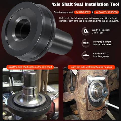 Rock Solid Wheel Knuckle Vacuum Oil Seal Installer Tool For Ford F-250 F-350 displayed on axle shaft seal installation.