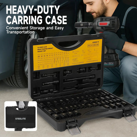 72 Piece Impact Socket Set Three Eighths Inch Drive With Six Point Deep Sockets SAE And Metric From Five Sixteenths To Three Quarters Inch Eight To Twenty Two Millimeters Includes Two Extension Rods Adapters Universal Joint And Screwdriver Handle With in heavy-duty carrying case