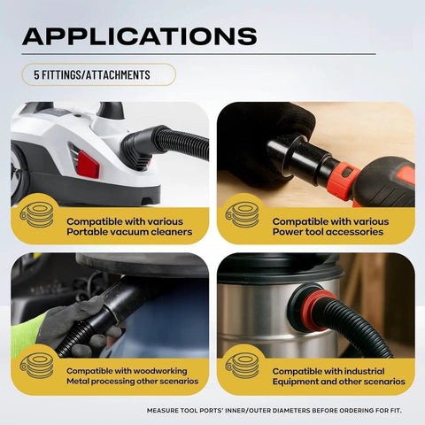 Ultimate Dust Collection Hose Kit with 5 fittings and attachments for various tools and vacuums in woodworking and industrial use.