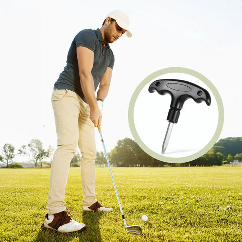 Golfer on course with inset of Adjustable Golf Wrench Tool For Driver Heads, Stainless Steel, Plastic Handle, Head Adjustment Tool.