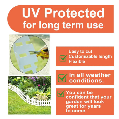 Arched White Garden Edging 33 Feet Long With 60 Plastic Stakes Flexible No Dig Lawn Border details on UV protection and benefits