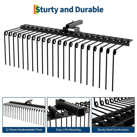 Heavy Duty Tow Behind Landscape Rake For Tractor ATV And UTV With Seventeen Powder Coated Steel Tines And A Two Inch Receiver Hitch