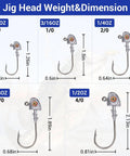 Diagram of 3D Eyes Bass Jig Heads For Fishin And Angling, 15 Pieces Of Finesse Swimbait Jigs With Cone Bait Keeper, showing sizes.