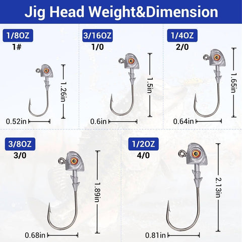 Diagram of 3D Eyes Bass Jig Heads For Fishin And Angling, 15 Pieces Of Finesse Swimbait Jigs With Cone Bait Keeper, showing sizes.
