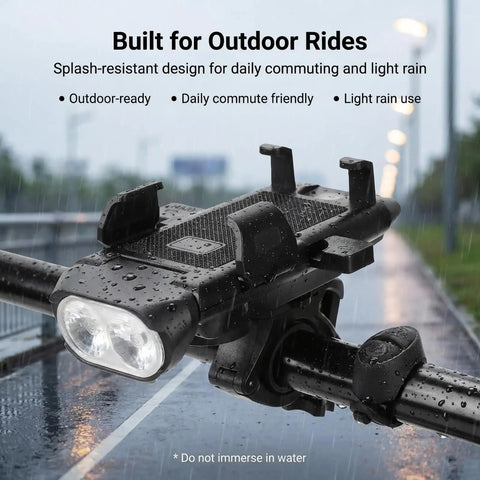 4 In 1 All In One Bike Phone Mount With LED Headlight And 130dB Horn, 3000mAh USB Backup Charger And Secure Handlebar Phone Holder For Road, Mountain And E Bikes, Night Ride Safety And Easy Install