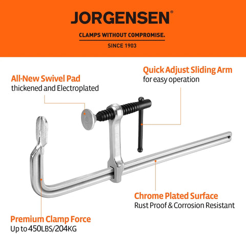 12 Inch Light Duty Bar Clamps Set, Drop Forged Steel, 3 Inch Throat, 12 Inch Opening, 450 Lb Clamping Power, Non Marring Pads, Garage Ready