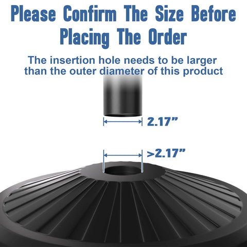 Universal Umbrella Pole Mount Replacement size confirmation with 2.17 inch insertion requirements shown on bracket and base tube.