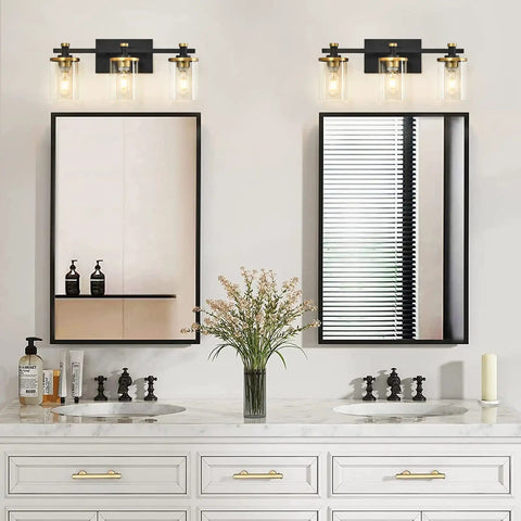 Dope Three Light Vintage Industrial Bathroom Vanity Light Over Mirror In Gold And Black With Clear Glass Shades above mirrors