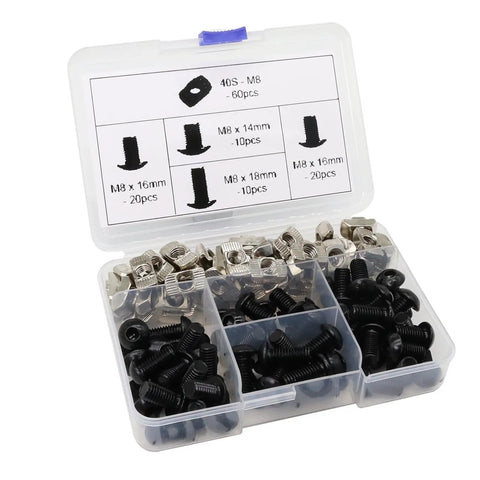 Aluminum Extrusion Hardware Kit for 4040 And 4080 Frames, M8 Bolts And T Slot Nuts, 120 Pcs Black Finish, open box view