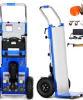 Powerful Electric Stair Climbing Dolly With Eight Hundred Eighty Pound Capacity, showing rear view with motor, large wheels, and accessories.