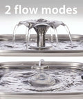 Award Winning Premium 304 Stainless Steel Cat Water Fountain 108 Oz 3.2 L shown with two water flow modes for cats and dogs.