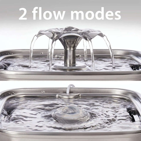 Award Winning Premium 304 Stainless Steel Cat Water Fountain 108 Oz 3.2 L shown with two water flow modes for cats and dogs.