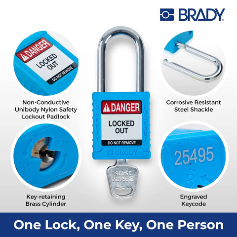 Blue Safety Lockout Padlock Six Pack Keyed Differently One Key Per Lock For Osha Compliant Lockout Tagout Programs Key Retaining Brass Cylinder Prevents Key Loss Nylon Body With Steel Shackles Lightweight Durable And Built Tough