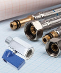 Solid As A Rock 1/4 Inch Npt Brass Mini Ball Valve Female To Male Shutoff, blue handle, pipes, grid background.
