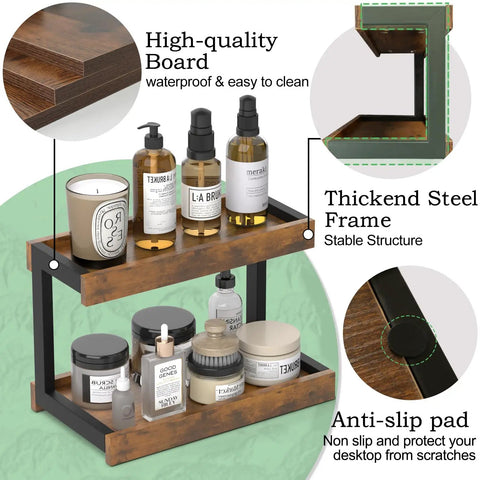 Two Tier Countertop Spice Rack Organizer in Rustic Brown Wood Finish with steel frame and anti-slip pads shown from side view