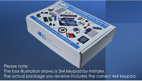 Box of STEM V4 IoT Starter Kit Compatible With Arduino Uno R4 WiFi, showing components and parts for hands-on prototyping and coding.