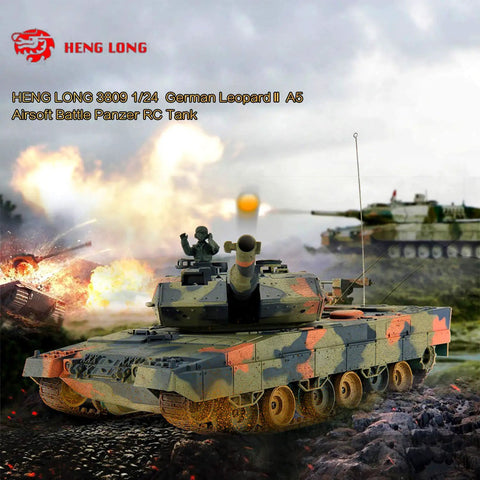 Leopard IIA5 RC Battle Tank 1/24 Scale With Infrared Combat And BB Shooting in action on rocky terrain with smoke effects.