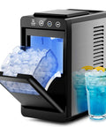 Portable Countertop Ice Maker Keeps Things Icy Fast With 26 Pounds Daily Bullet Ice And Hassle Free Self Cleaning, showcasing ice compartment with clear bullet ice.
