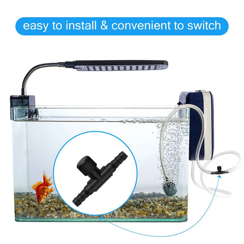 Aquarium Air Control Valve 30 Pack 2 Way T Shaped Flow Regulator in use with aquarium air pump and goldfish tank setup