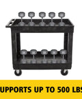 Two Shelf Utility Cart With Lipped Shelves And Standard Handle Heavy Duty 500 Lb Capacity For Jobsite Shop Floor Warehouse Garage Cleaning And Maintenance Lightweight Quiet Operation Molded In Handle With Storage Compartments And 4 Inch Non Marking loaded with weights