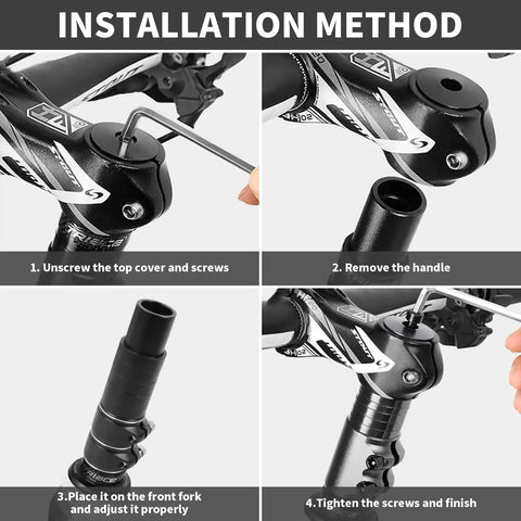 Installation steps for Adjustable Bike Stem Riser Handlebar Extender That Boosts Your Ride Up To Five Point Two Inches Rise For One And One Eighth Inch Steerer Fits Road MTB BMX Cycles Aluminum Alloy Black Finish.