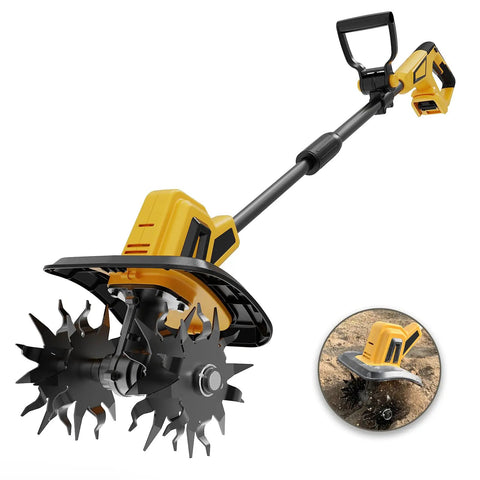Cordless Garden Tiller Cultivator Compatible With 20V Battery Tool Only with 48 steel tines and handle shown