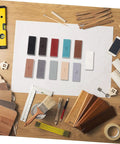 Floor Repair Kit With Quick Heating Wax Block Sponge for laminate and hardwood floors, wax color samples displayed on a table.