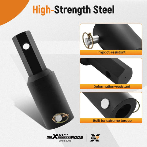 Dead Simple Auger Adapter Coupler Swapping Two Inch Female Round Drives For Two Inch Male Hex Bits On Mini Skid Steers And Post Hole Diggers With Quick Three Quarter Pin Lock Mount, high-strength steel construction detail.