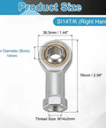 Two Pack SI14T/K Rod End Bearings, 14mm Bore, M14x2 Right Hand Female Thread, Self-Lubricating Chrome Steel Joint With Jam Nuts, Heavy Duty Links And Machinery Axles, Perfect For Linkage Assemblies And Mechanical Projects. Size diagram with 14mm bore and M14x2 thread