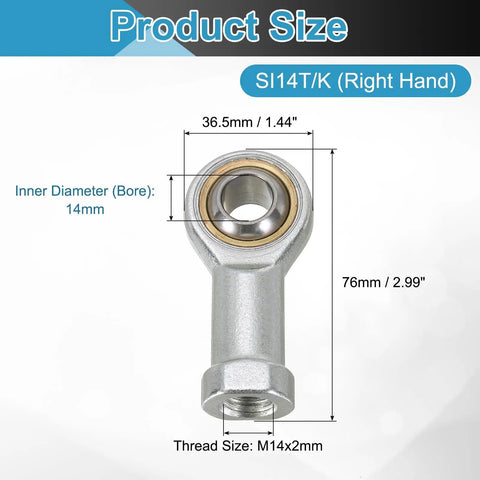 Two Pack SI14T/K Rod End Bearings, 14mm Bore, M14x2 Right Hand Female Thread, Self-Lubricating Chrome Steel Joint With Jam Nuts, Heavy Duty Links And Machinery Axles, Perfect For Linkage Assemblies And Mechanical Projects. Size diagram with 14mm bore and M14x2 thread