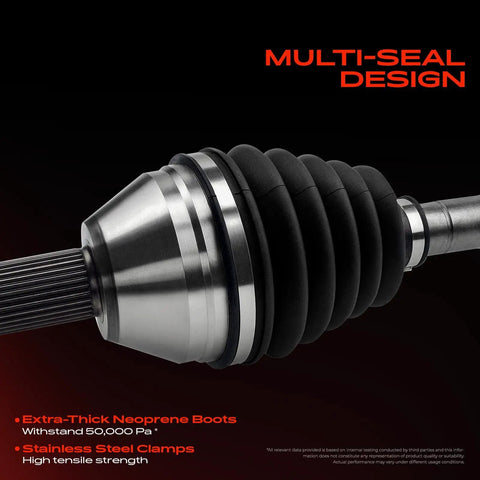 Close-up of Front Left CV Axle Shaft Assembly For Nissan Rogue AWD showing multi-seal design, neoprene boot and stainless clamps.