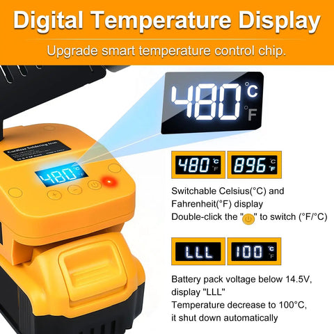 Digital display on cordless soldering iron station for 20V MAX batteries with USB-C fast heating, showing temperature controls and settings.